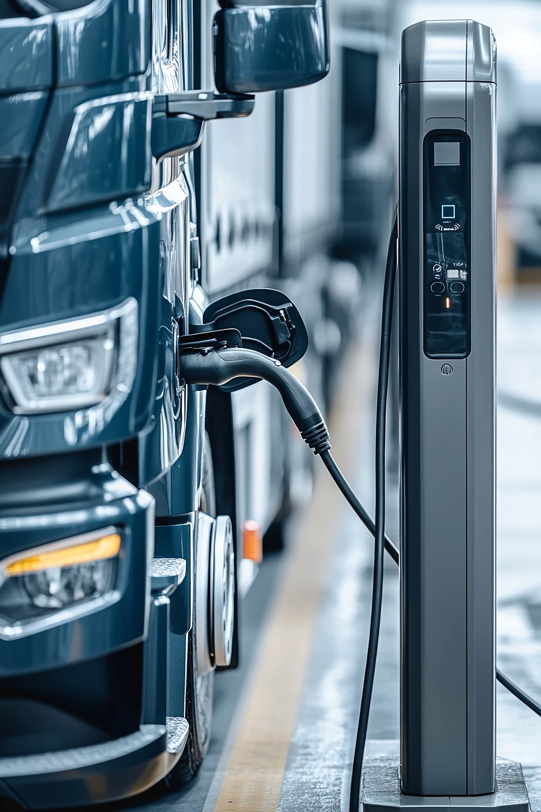 Nahaufnahme eines E-Lkw der an einer elektrischen Ladesäule steht und mit Strom versorgt wird